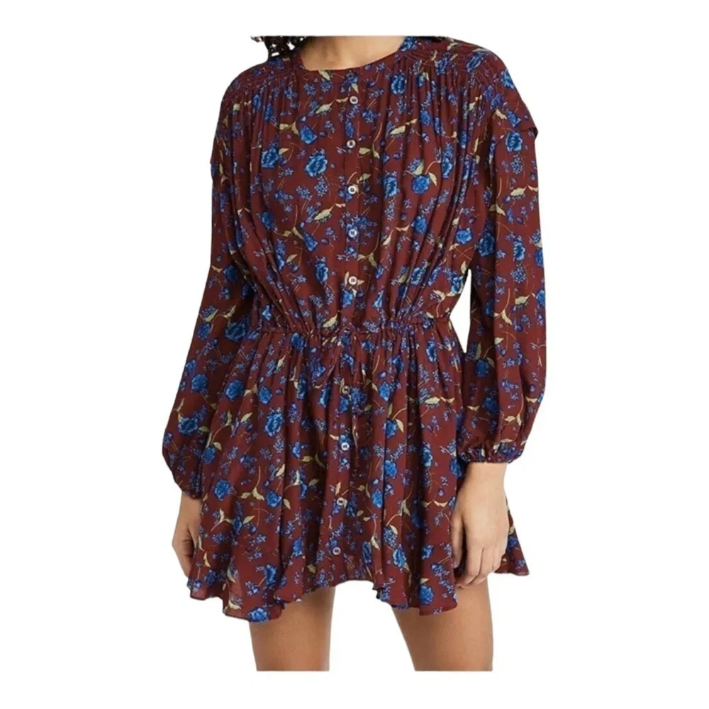 Free People Burgundy Blue Floral Long Sleeve Tie Waist Mini Dress Small